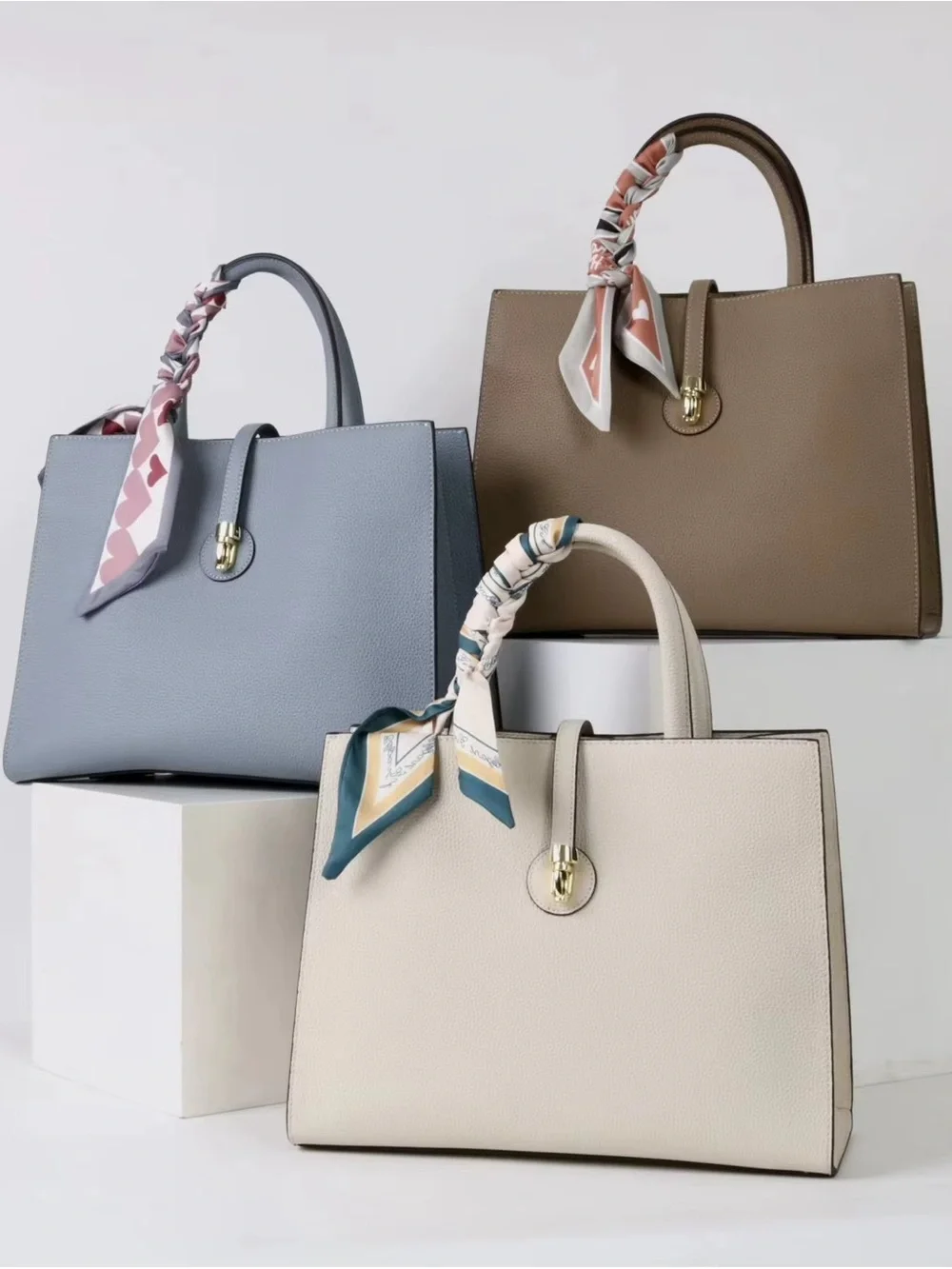 Classic Structured Togo Leather Bag in Brown with Scarf Accent